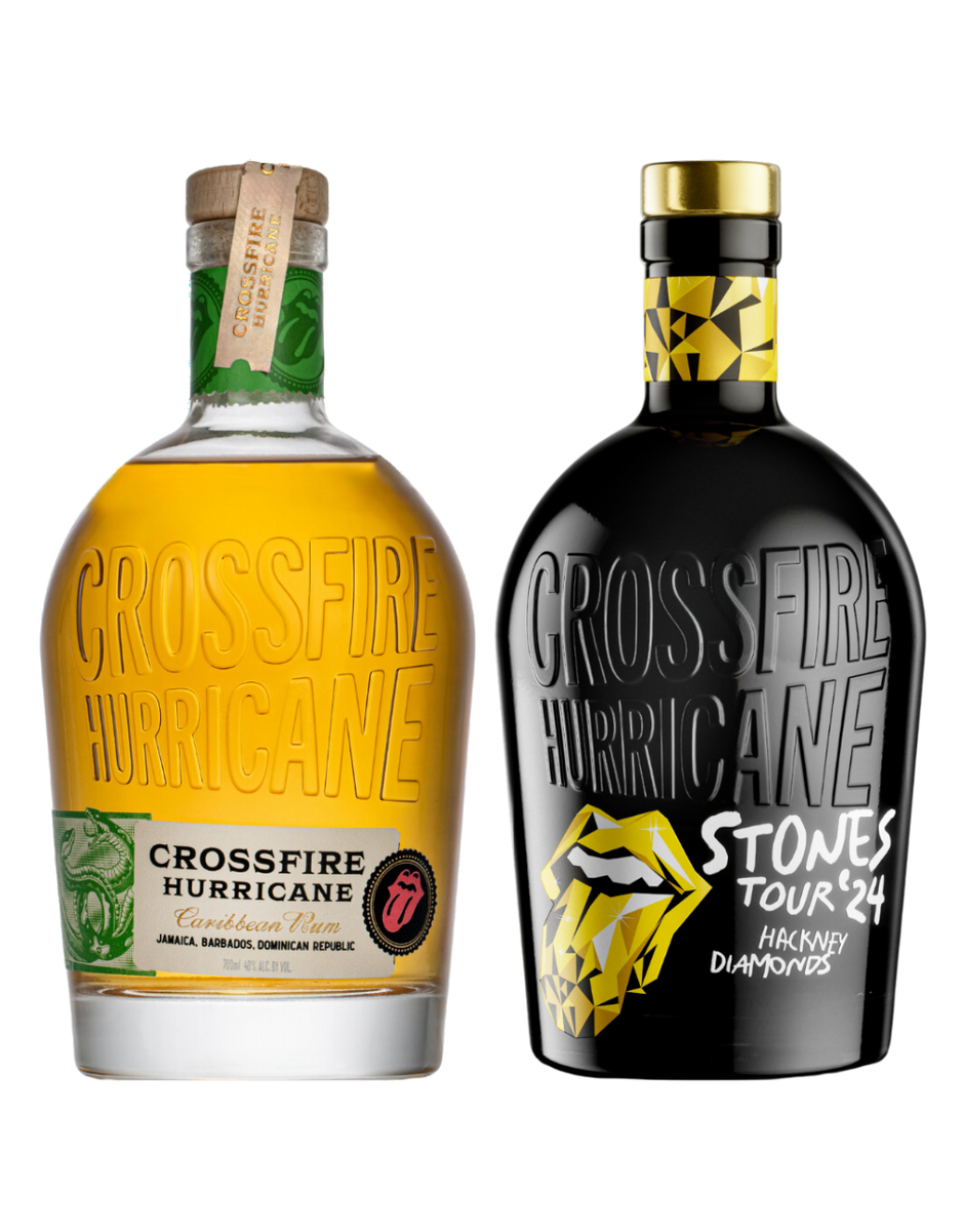 Crossfire Hurricane Rum Gift Set featuring classic and Hackney Diamonds editions in deluxe packaging.